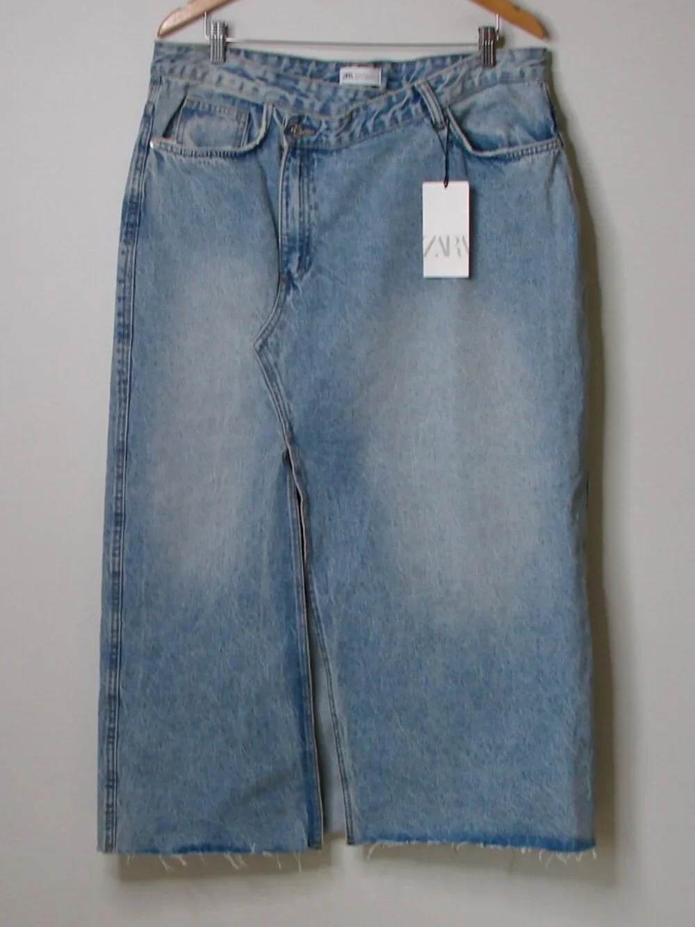 Zara Light Blue Denim Midi Maxi Skirt Asymmetric Fly Raw Hem BRAND NEW NWT XXL - Picture 6 of 15